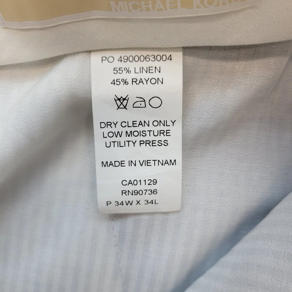 Michael Kors Pants Mens 34x28* Blue Linen Slim Fit Straight Leg Pleated Luxury